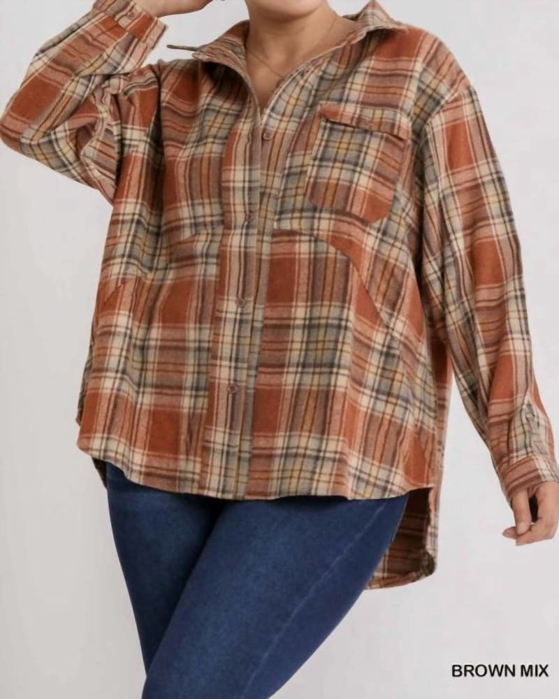 Front of a model wearing a size XL Collar Button Down Overshirt in Plaid in Plaid by Umgee. | dia_product_style_image_id:327107